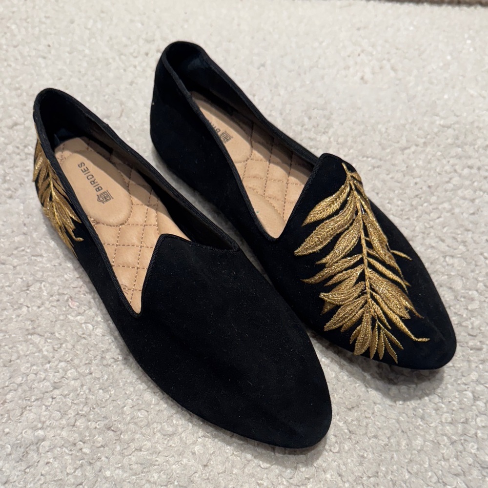 Birdies Black and Gold Embroidered Flats